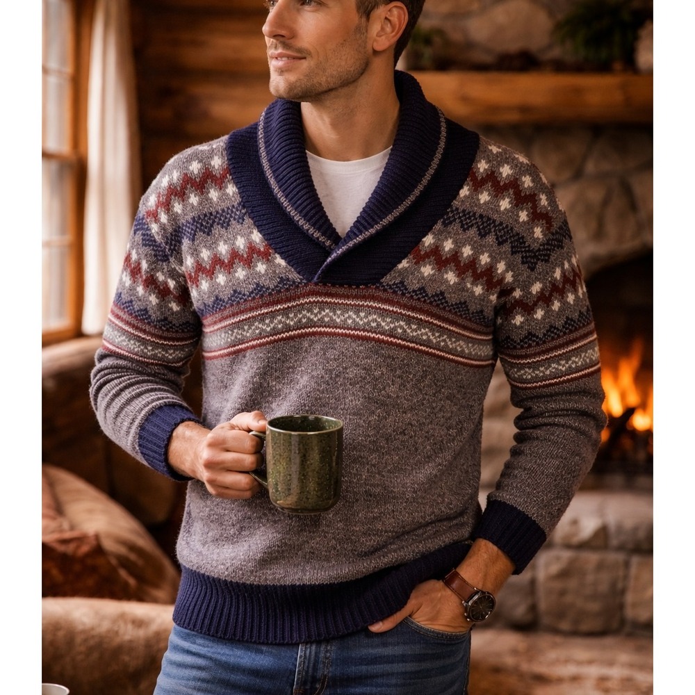 Vintage Sierra Designs Mens Shawl Collar Sweater Medium Nordic Winter Cozy Cabin